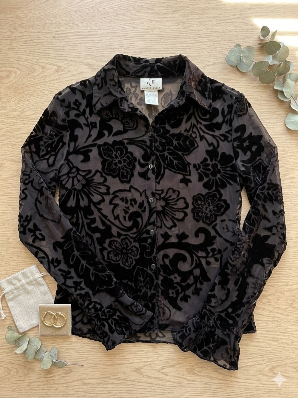 Ice Black Floral Burnout Button-Down Shirt